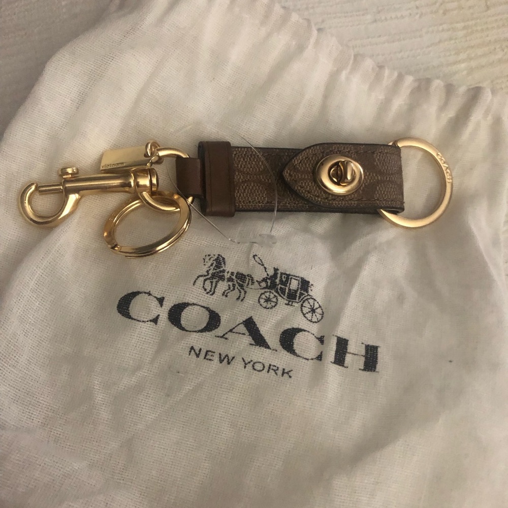 Coach Brown Signature Leather Key Holder with Gold Hardware